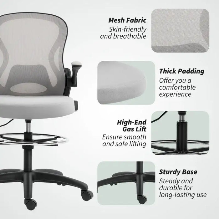 Tall Draughtsman Office Chair - Grey | Flip-Up Arms and Adjustable Footrest VINSETTO - Little and Giant Explorers Vinsetto