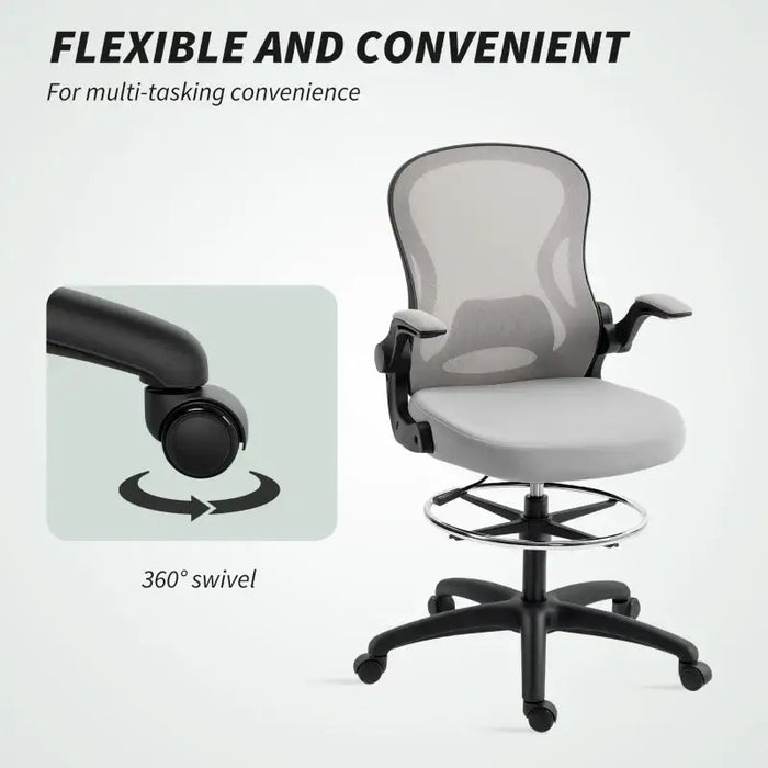 Tall Draughtsman Office Chair - Grey | Flip-Up Arms and Adjustable Footrest VINSETTO - Little and Giant Explorers Vinsetto