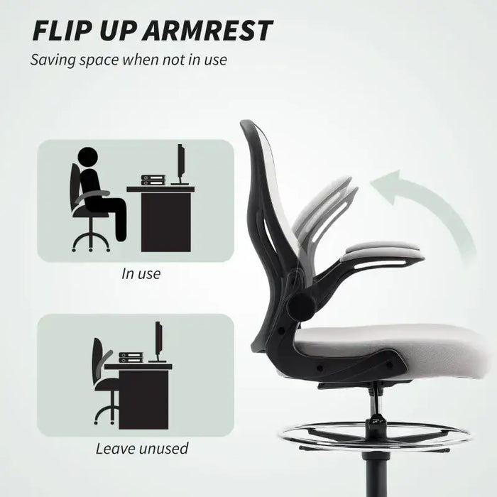 Tall Draughtsman Office Chair - Grey | Flip-Up Arms and Adjustable Footrest VINSETTO - Little and Giant Explorers Vinsetto