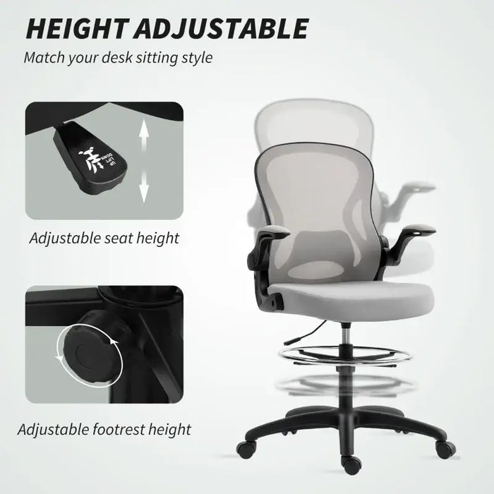 Tall Draughtsman Office Chair - Grey | Flip-Up Arms and Adjustable Footrest VINSETTO - Little and Giant Explorers Vinsetto