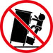Warning sign showing baby climbing unstable cabinet, caution against furniture tipping hazards