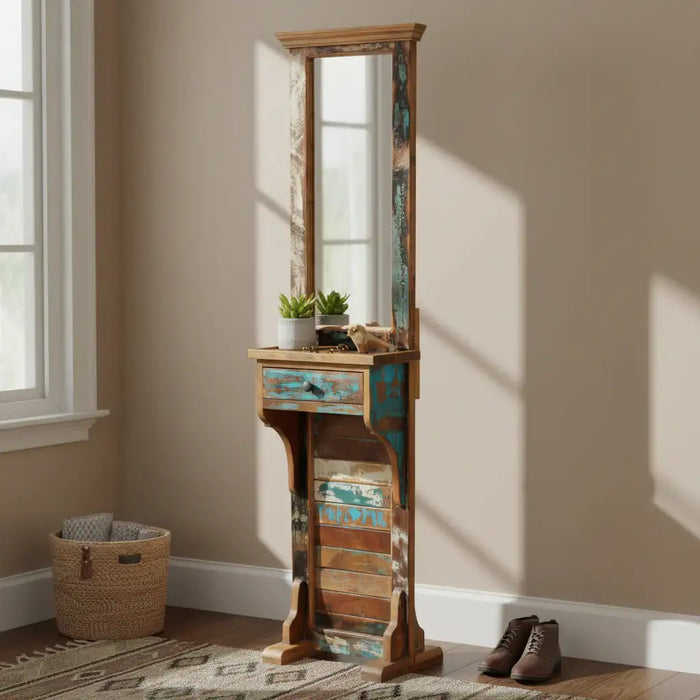 Tall freestanding hall mirror with reclaimed wood frame and drawer, rustic decor with small plants on top