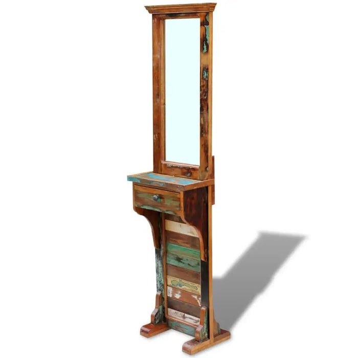 Tall free-standing retro-style hall mirror with reclaimed wood frame and a small drawer