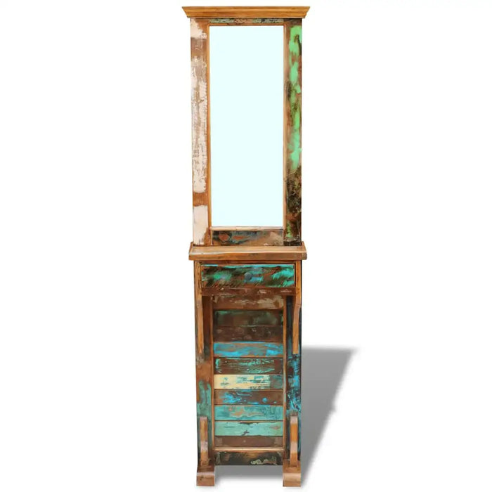 Rustic wooden hall tree with distressed turquoise and brown finish, mirror, drawer, and storage cabinet