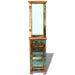Rustic wooden hall tree with distressed turquoise and brown finish, mirror, drawer, and storage cabinet