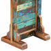 Close-up of rustic wooden furniture base with weathered blue-green paint and sturdy brown supports
