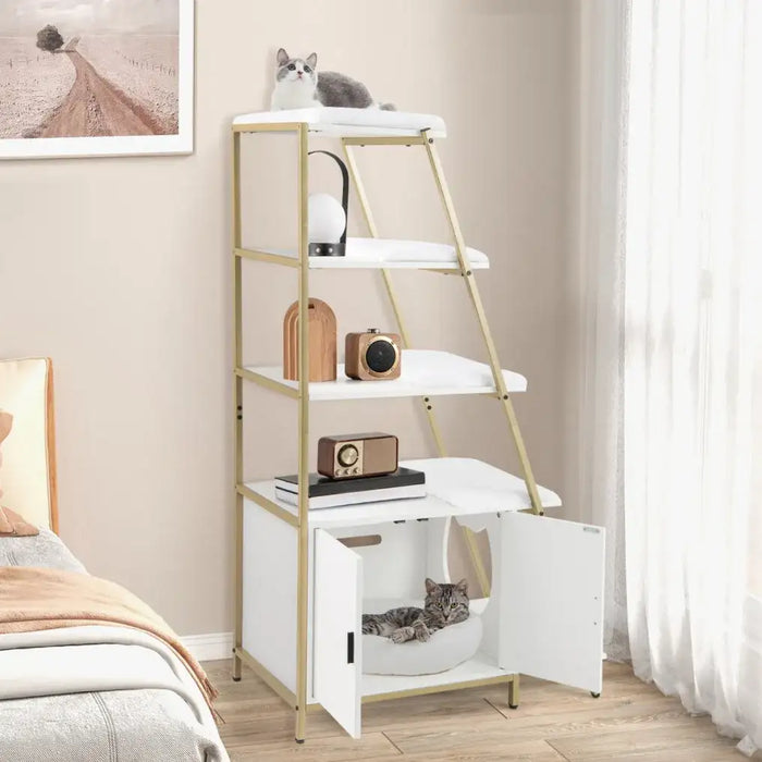 Tall Hidden Cat Litter Box Enclosure - White and Gold | 5-Tier Shelves COSTWAY - Little and Giant Explorers Costway