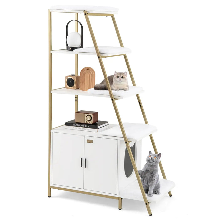 Tall Hidden Cat Litter Box Enclosure - White and Gold | 5-Tier Shelves COSTWAY - Little and Giant Explorers Costway