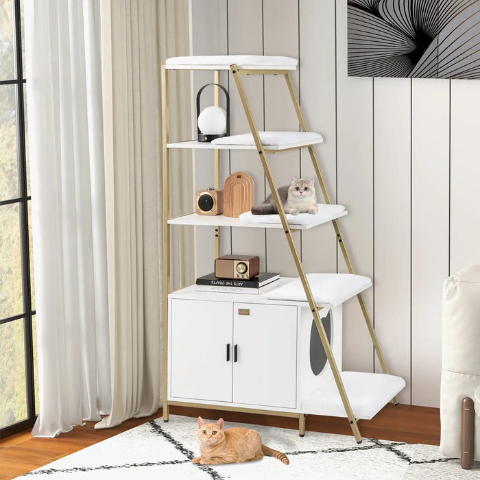 Tall Hidden Cat Litter Box Enclosure - White and Gold | 5-Tier Shelves COSTWAY - Little and Giant Explorers Costway
