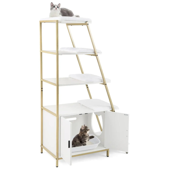 Tall Hidden Cat Litter Box Enclosure - White and Gold | 5-Tier Shelves COSTWAY - Little and Giant Explorers Costway