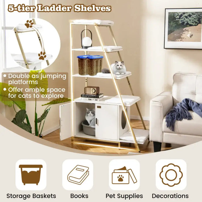 Tall Hidden Cat Litter Box Enclosure - White and Gold | 5-Tier Shelves COSTWAY - Little and Giant Explorers Costway