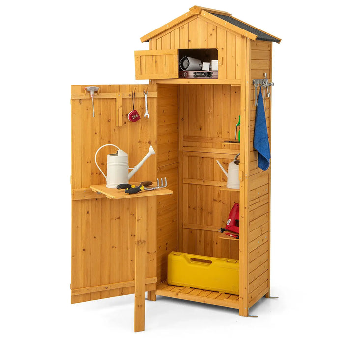 Tall Wooden Garden Storage Shed – Fir Wood | Foldable Table - Lockable Upper Cabinet COSTWAY - Little and Giant Explorers Costway