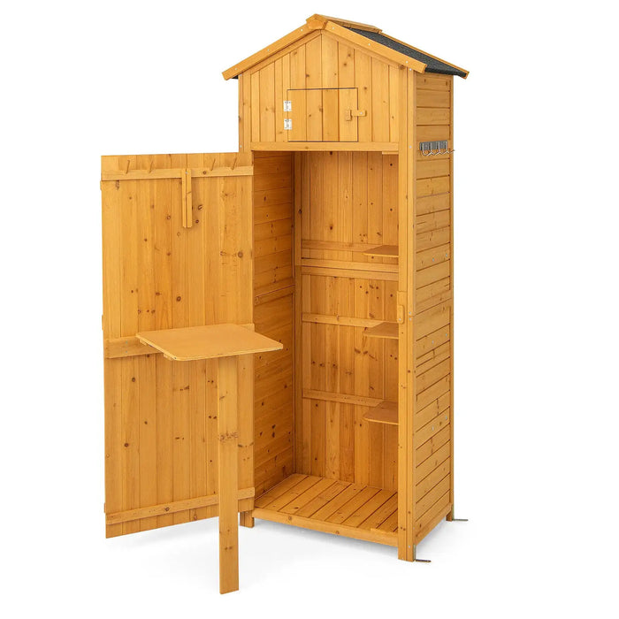 Tall Wooden Garden Storage Shed – Fir Wood | Foldable Table - Lockable Upper Cabinet COSTWAY - Little and Giant Explorers Costway