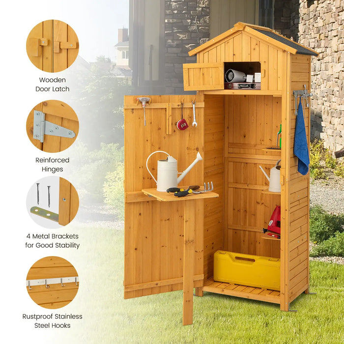 Tall Wooden Garden Storage Shed – Fir Wood | Foldable Table - Lockable Upper Cabinet COSTWAY - Little and Giant Explorers Costway