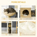 Tabby cat on wicker cat bed, cat condo with woven texture, ladder, and washable soft cushions