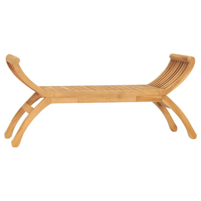 Teak outdoor wooden garden bench with curved armrests and slatted seat design
