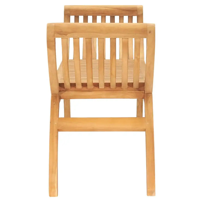 Teak outdoor wooden garden bench with curved armrest, vertical slats on backrest