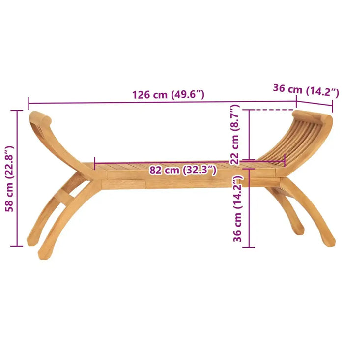 Teak wooden outdoor garden bench with curved armrests and dimensions in cm and inches