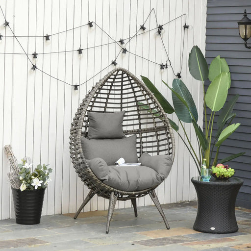 Teardop PE Wicker Rattan Chair with Thick Cushions in Grey - Little and Giant Explorers Outsunny