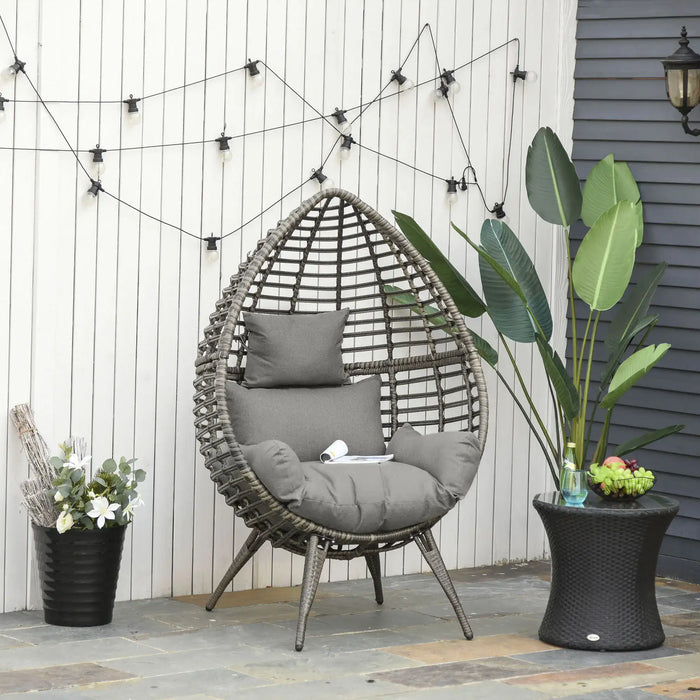Teardop PE Wicker Rattan Chair with Thick Cushions in Grey - Little and Giant Explorers Outsunny