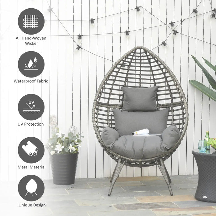 Teardop PE Wicker Rattan Chair with Thick Cushions in Grey - Little and Giant Explorers Outsunny