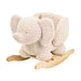 Ecru plush elephant rocker with padded seat and wooden rocking base for toddlers