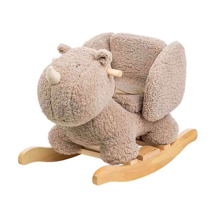 Taupe plush rhino rocker toy with padded seat, harness and wide wooden base