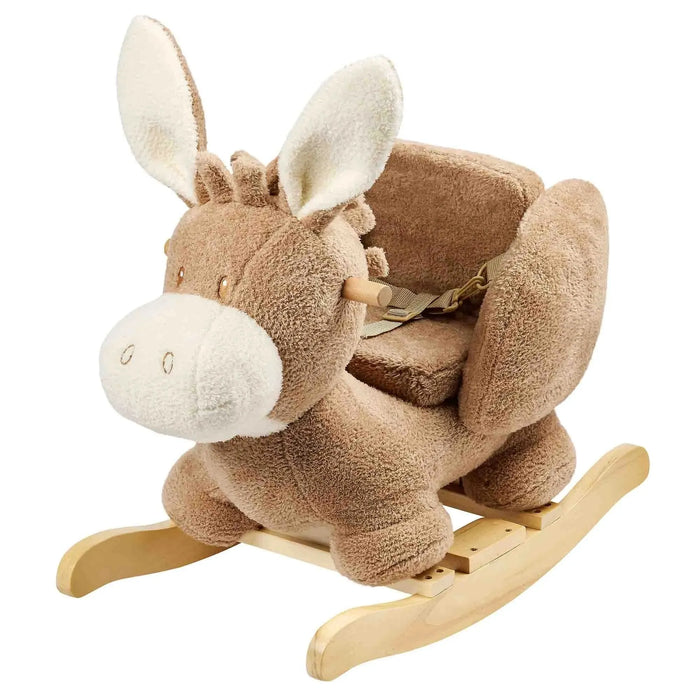 Beige plush donkey rocking toy with safety harness and wooden rockers for toddlers