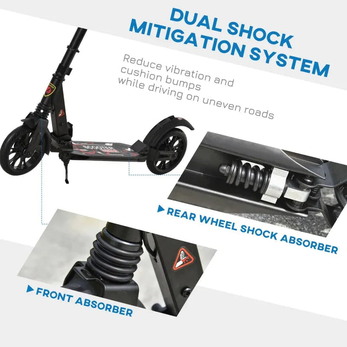 Teen/Adult Foldable Kick Scooter with Shock Mitigation System in Black - Little and Giant Explorers HOMCOM