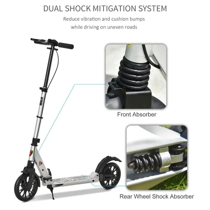 Teen/Adult Foldable Kick Scooter with Shock Mitigation System in Silver - Little and Giant Explorers HOMCOM