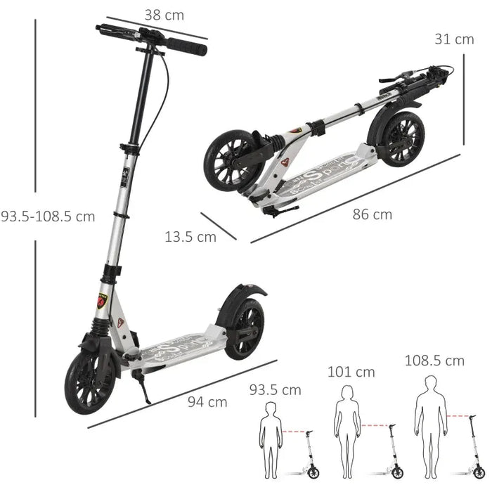 Teen/Adult Foldable Kick Scooter with Shock Mitigation System in Silver - Little and Giant Explorers HOMCOM