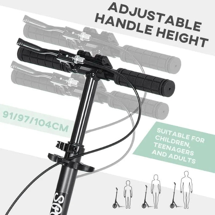 Green kick scooter with adjustable handle height for kids, teens, and adults, 91/97/104cm