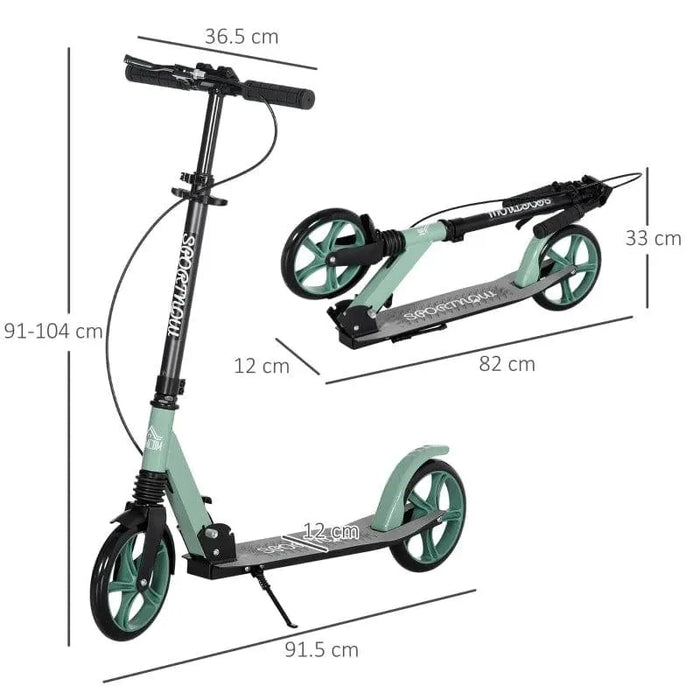 Green teen and adult kick scooter with folding design, dual brake system, and size dimensions.