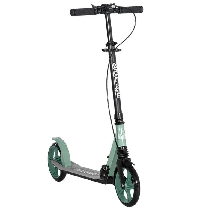 Green and black teen adult kick scooter with folding design and dual brake system