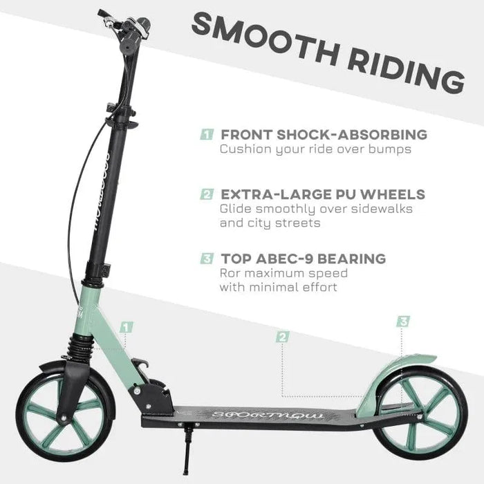 Green Homcom teen and adult kick scooter with folding design, dual brake, large PU wheels.
