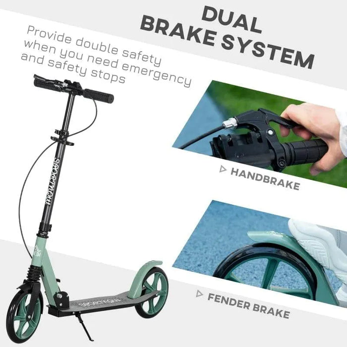 Green kick scooter with dual brake system, handbrake and fender brake, for teens and adults