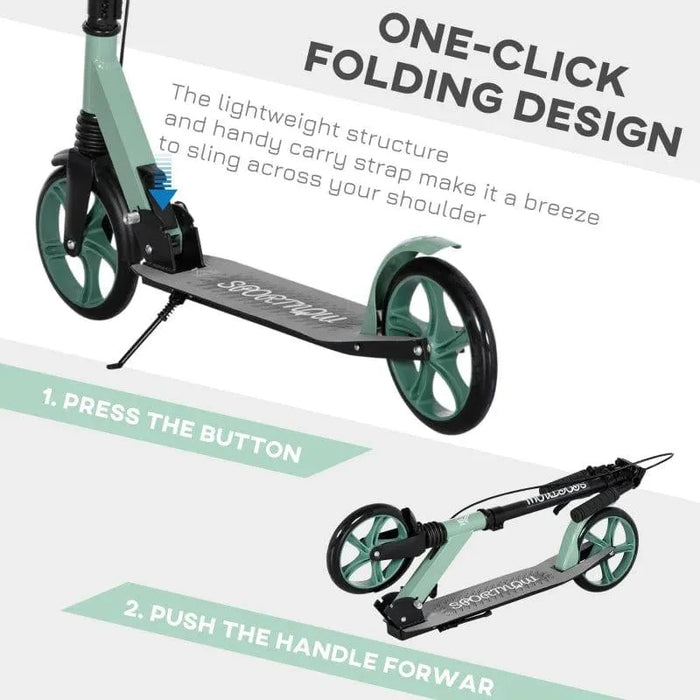 Green teen adult kick scooter with one-click folding design and large wheels