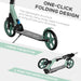 Green teen adult kick scooter with one-click folding design and large wheels