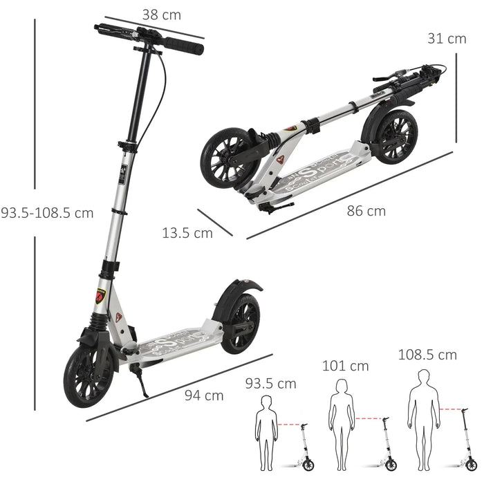Teen/Adult Kick Scooter | Quick-Fold Design with Front and Back Brakes (Silver Edition) - Little and Giant Explorers HOMCOM