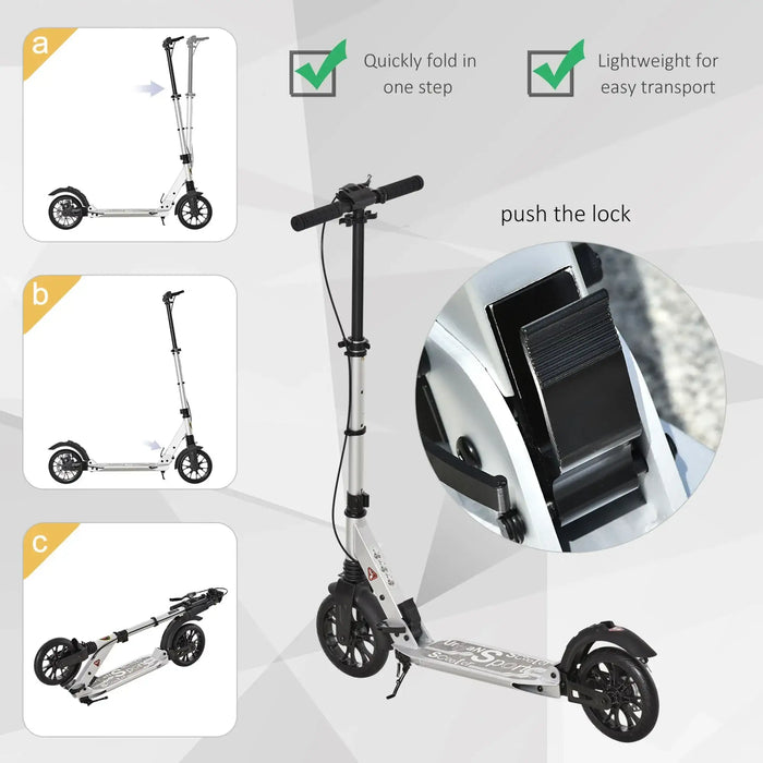 Teen/Adult Kick Scooter | Quick-Fold Design with Front and Back Brakes (Silver Edition) - Little and Giant Explorers HOMCOM