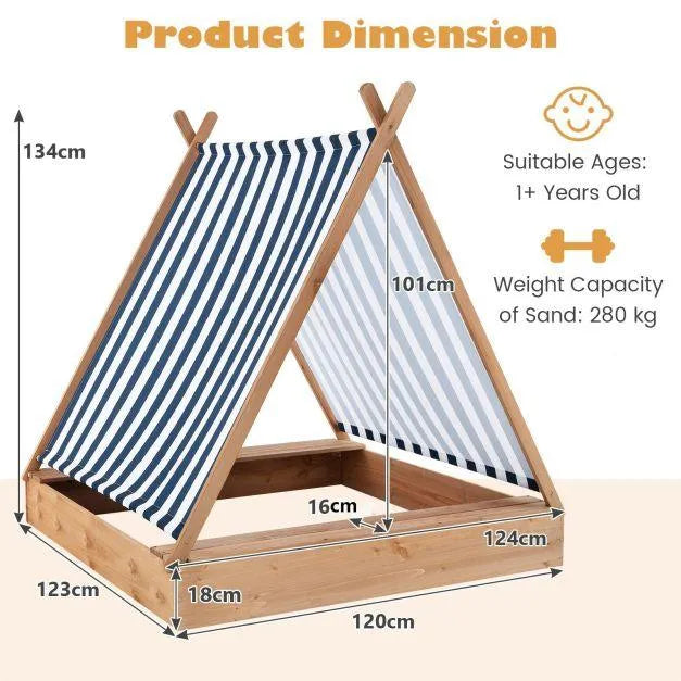 Wooden teepee sandbox with striped sun cover, benches, and dimension labels for kids