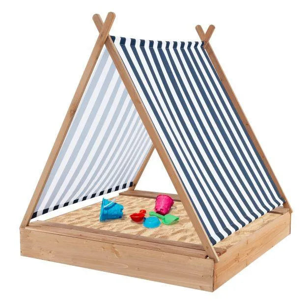 Wooden teepee sandbox with striped sun cover and colorful sand toys