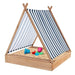 Wooden teepee sandbox with striped sun cover and colorful sand toys