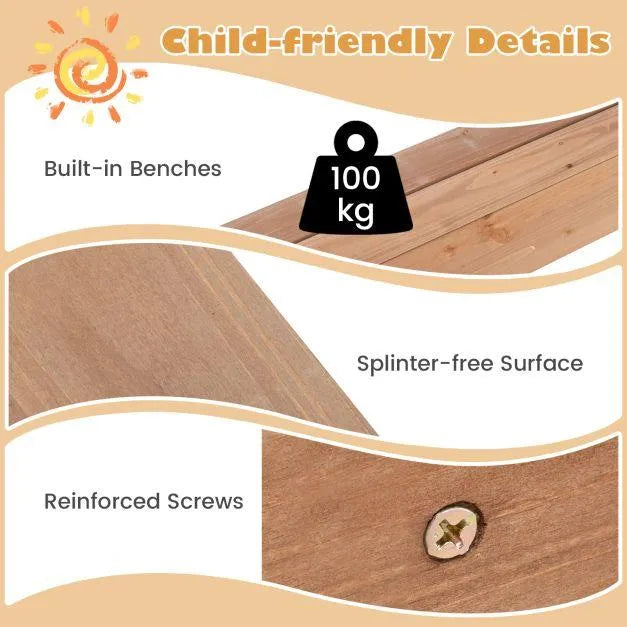 Wooden sandbox details showing built-in benches, splinter-free surface, reinforced screws