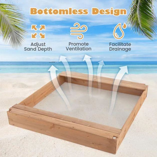 Wooden bottomless sandbox on a beach with ventilation, drainage, and sand depth icons.