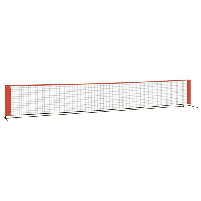 Large steel frame garden tennis net with orange edges on white background