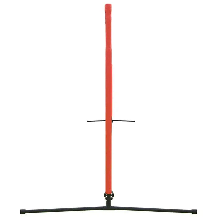 Large steel frame tennis net with red vertical post and black base, garden sports equipment.