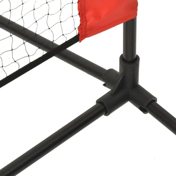 Close-up of tennis net steel frame with black support poles and red net edge