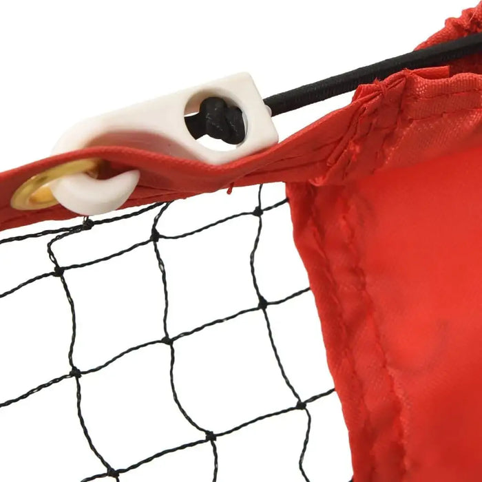 Close-up of black tennis net with red edge and white plastic tension adjuster