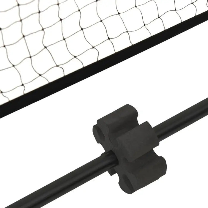 Close-up of a large steel frame tennis net with black garden sports net connector.
